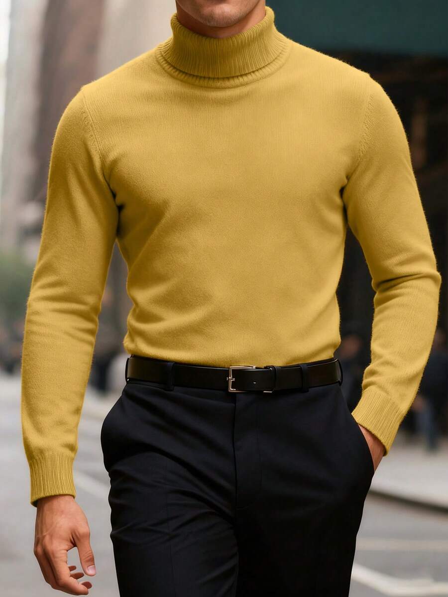 Men's Solid Color Casual Turtleneck Long Sleeve Sweater, Autumn/Winter - Yellow - View 1