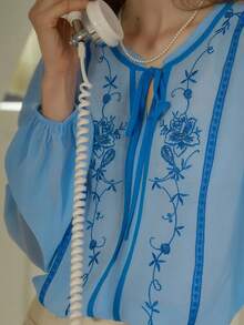 Simple Retro Women's Light Blue Sheer Chiffon Contrast Embroidery Long Sleeve Blouse, Vacation Style, Spring/Summer - Blue - View 4