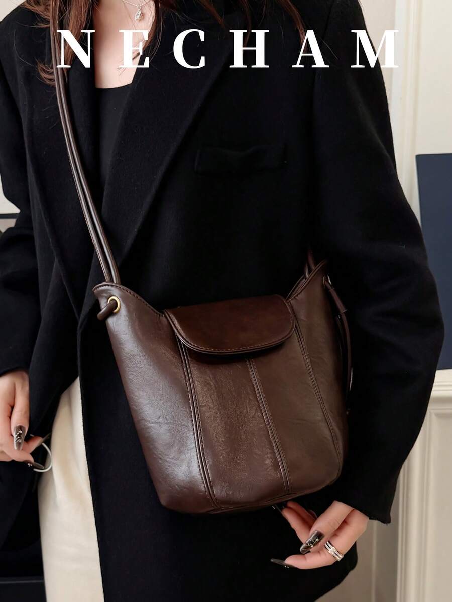 1pc Adjustable Strap Vintage Patchwork Bucket Bag, Minimalist Crossbody Bag For Women - Coffee - View 1