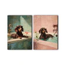 趣味腊肠犬洗澡主题墙饰两件套，腊肠犬图案，浴室装饰画，腊肠犬泡澡，狗狗鸡尾酒海报，腊肠犬洗澡艺术画，狗狗喝酒海报，家居装饰客厅，墙面装饰，无框 - 彩色 - 查看 9