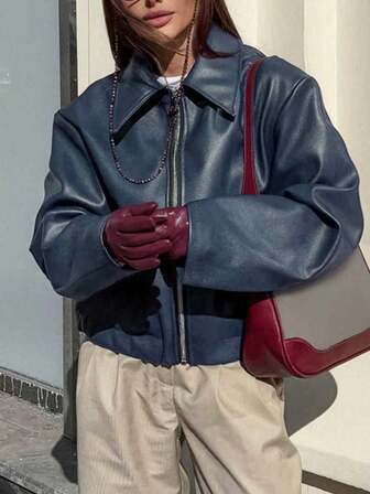 1 szt. Damska, jednokolorowa, modna, luźna, matowa skórzana kurtka, jesień/zima