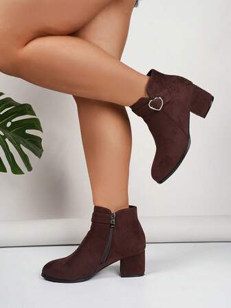 Plus Size Women's Chunky Heel High Heel Solid Black Casual Side Zipper Heart Decor Strap Ankle Boots, Comfortable Short Boots