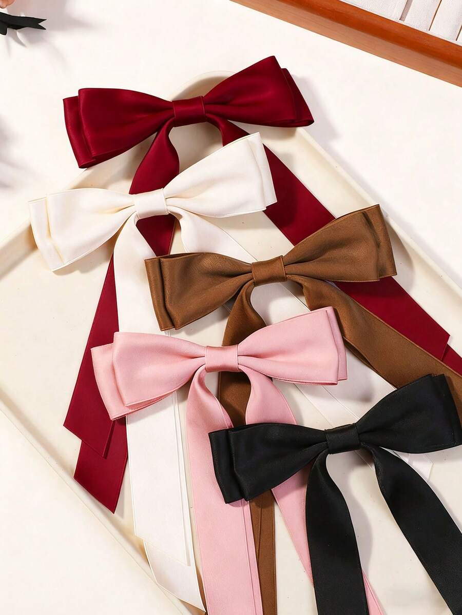 Set de 5 pinzas de pelo con lazo doble elegantes y de estilo vintage de alta calidad en negro/burdeos/beige/rosa/café, adecuadas para uso diario/vacaciones/trabajo de niñas, accesorios de pelo con pinza de cocodrilo - Multicolor - Ver 1