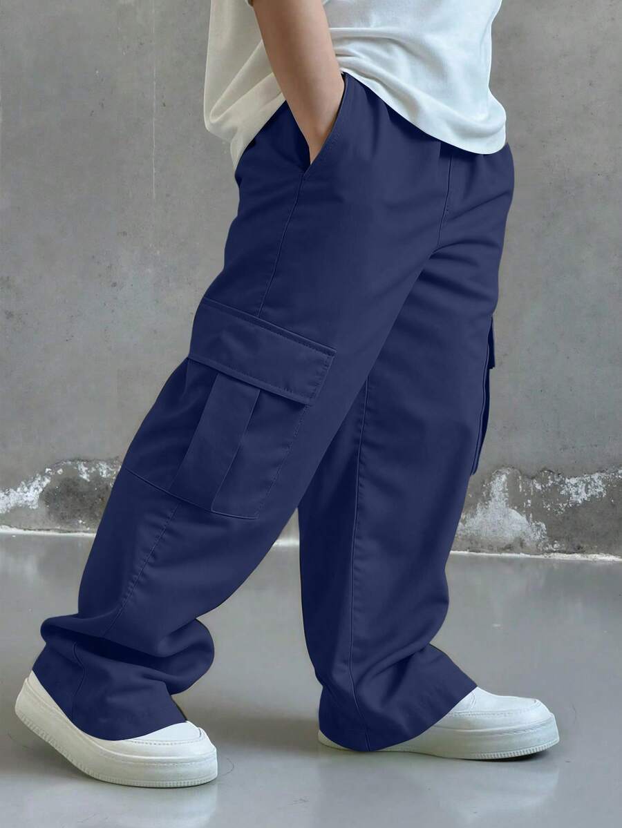 1pc Young Boys' Fashionable Versatile Casual Comfortable Street Chic Commute School Vacation Daily Wear Dirt-Resistant Soft Multi-Pocket Straight Leg Cargo Pants, Spring/Summer/Autumn/Winter - Navy Blue - View 1