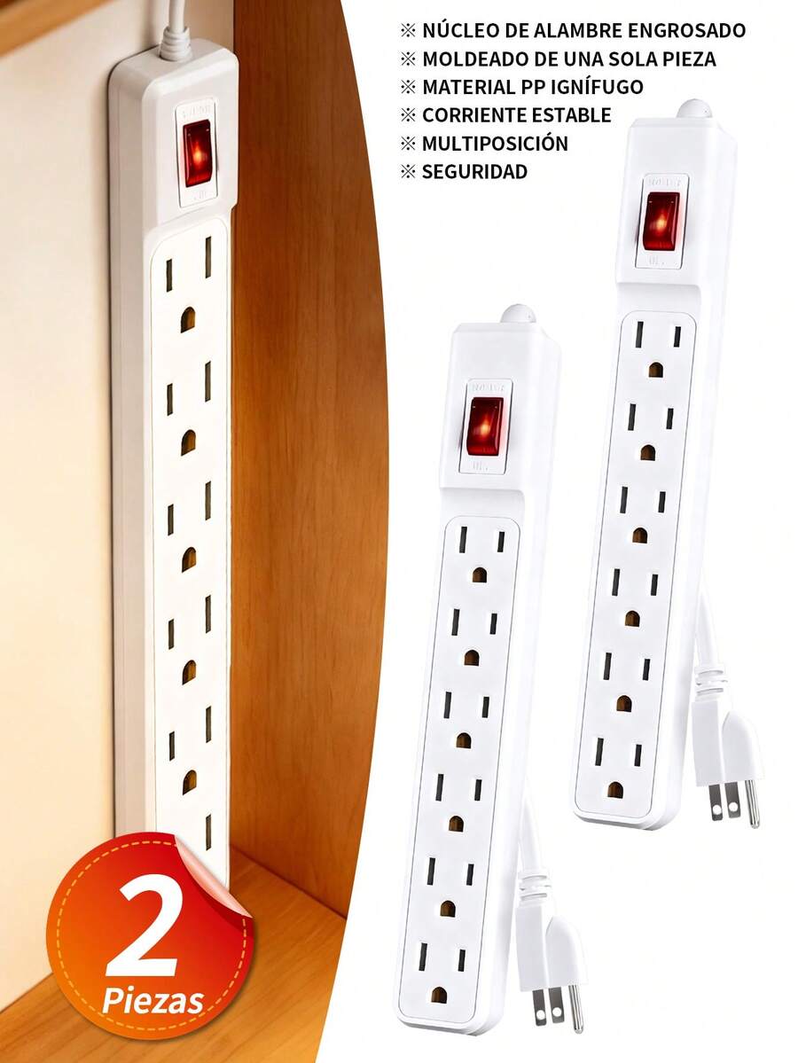 2 piezas Extension Multicontacto Regleta 6 Enchufes,Tira de alimentación de Cable duradera, enchufe Universal estándar americano, convertidor de enchufe multitap,resistente y adecuada para el hogar y la oficina.
