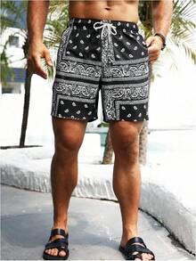 Men's Boho Paisley Print Drawstring Waist Summer Shorts With Pocket - Black Ink White - View 3