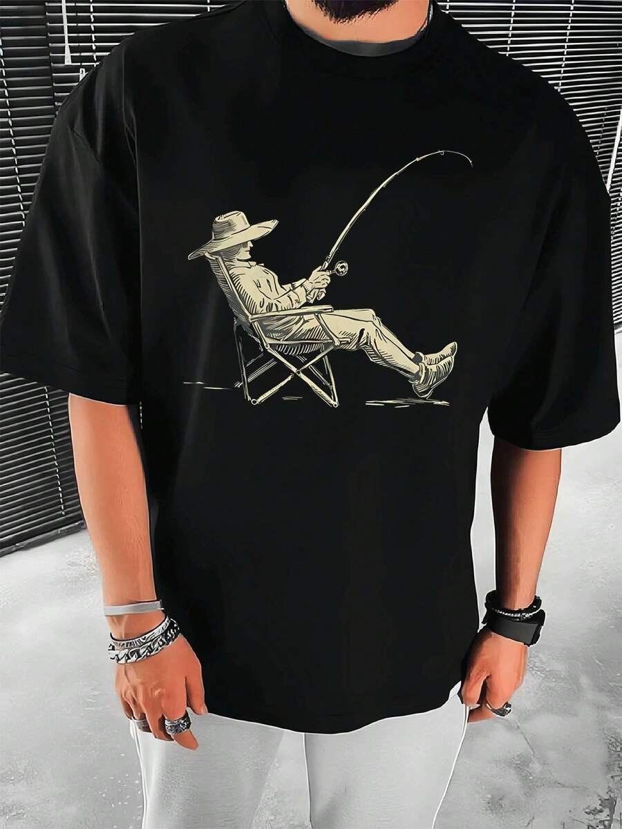 Hochwertiges Baumwoll-T-Shirt mit Fischermotiv, lockere Passform, lässig, bequem, einzigartiger Grafikdruck - Schwarz - Übersicht 1