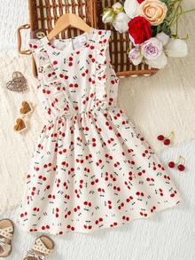Vestido casual de niña con estampado de frutas sin mangas y longitud hasta la rodilla con botones, de moda para uso al aire libre, verano - Albaricoque - Ver 2