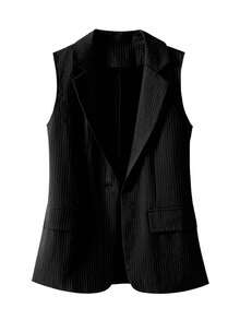 Chaleco de blazer regular de mujer con parche a rayas, unicolor con bolsillo y botón, para uso de oficina en primavera, color negro - Negro - Ver 5