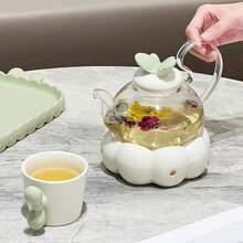 一套陶瓷蝴蝶花卉茶具，优雅下午茶壶、茶杯套装，高端水果茶壶，饰有蝴蝶图案，包含茶壶、茶杯和托盘 - 是馈赠女主人和家居装饰的理想之选，必备餐具 | 耐用瓷器 [粉色、绿色可选]