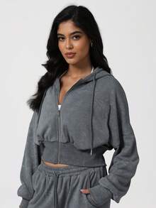 Sodalemon Women's Casual Outdoor Fitness Jacket, Drawstring Zip-Up Bodysuit With Printed Pattern, Loose Fit For Running, Training, Workout - Grey - View 5