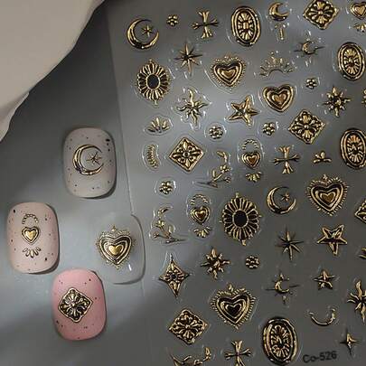5D金属波西米亚风美甲贴纸1件装金色蕾丝星月渐变爱心镜面相框法式珐琅线DIY Y2K自粘凝胶指甲油贴纸滑块美甲沙龙美甲装饰配件美甲用品指甲