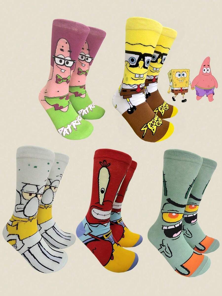SpongeBob SquarePants 卡通人物印花中筒护腿套套装，色彩缤纷的中筒护腿套，饰有沙色图案，男女皆宜的休闲日常穿着，粉丝的完美礼物 - 彩色 - 查看 1