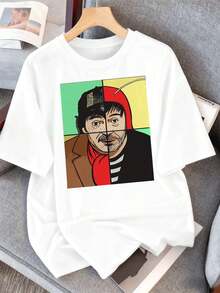 100% Cotton Portrait Graphic Print T-Shirt, Loose Fit, Breathable, Casual, Unique Graphic Print - White - View 2