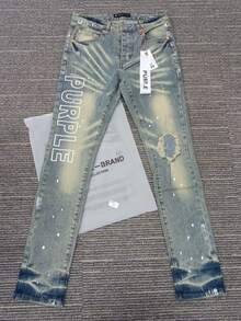 Light Luxury Denim  Men's Jeans High Street Ripped Hole Letter Logo Print  Retro Small Leg Jeans - Medium Wash - View 1