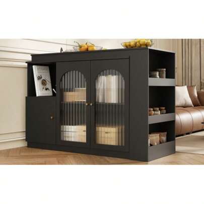 360° Rotating Bar Table (Main Body 120 X 40 X 97 Cm), Modern And Simple Black Rotating Bar And Dining Furniture, Multifunctional Storage Unit With Glass Door