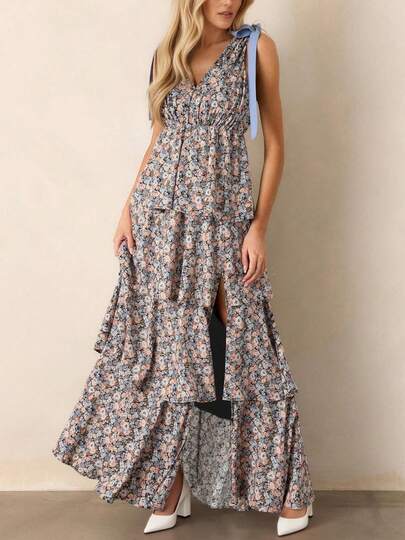 Women's Summer Beach Floral Maxi Dress Sleeveless Tie Strap V Neck High Slit Boho Ruffle Tiered Vacation Sundress Breezy Flowing