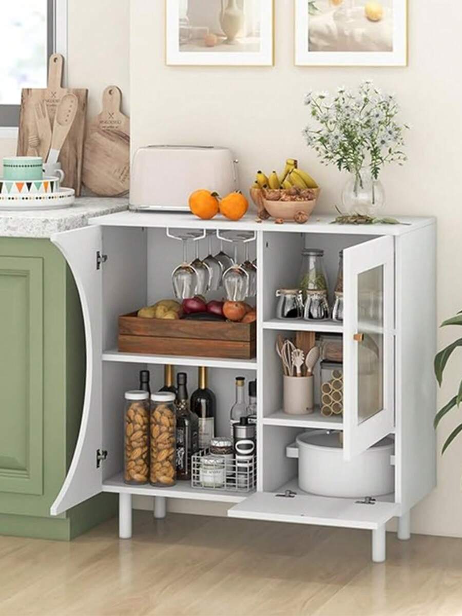 Buffet Cabinet With Storage, Wooden Kitchen Sideboard W/Glass Holder, 2 Cupboards, Free-Standing Wine Liquor Cabinet, White Console Cabinet, Accent Buffet Table For Living Room Coffee Bar - trắng - Xem 1