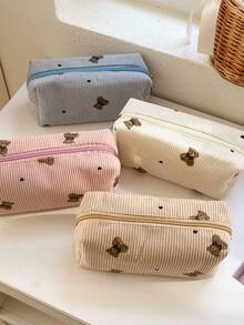 1pc Cute Bear Corduroy Makeup Bag, Waterproof, Can Hold Lipstick, Women's Cosmetic Bag, Small Compact Makeup Case, Women's Travel Pouch, Pencil Case, Large Capacity Makeup Brush Holder, Travel Toiletry Bag, Stationery Pouch,Pouch,Makeup Pouch,Travel Essential - Multicolor - View 3
