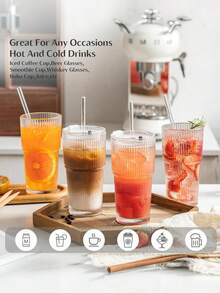 2 Peças/1 Peça Conjunto de Copos de Vidro Transparentes com Tampa e Canudo - Design Listrado, Adequado para Bebidas Quentes e Frias, Suco, Café Gelado e Uso Diário Copos de Vidro Transparentes, Copos de Vidro com Canudo, Copos de Vidro Reutilizáveis, Copos de Bebida Listrados, Copos de Vidro para Bebidas Quentes e Frias, Copos de Vidro Duráveis, Copos de Vidro de Uso Diário, Copos de Vidro para Café Gelado