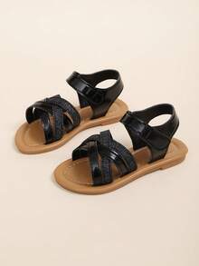 1 Pair Toddler Girls' Glitter Criss-Cross Open Toe Hook And Loop Soft Bottom PU Fashion Cute Durable Non-Slip Children Sandals, Suitable For 3-15 Years Old Boys & Girls, For Home, Party, School, Indoor/Outdoor, Beach, Spring/Summer 2025 New Arrival - Black - View 3