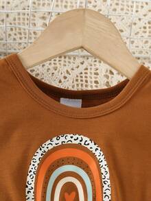 2pcs Young Girl Ruffle Trim Rainbow Print Top And Striped Print Ruffle Trim Shorts Set, Summer - Brown - View 3