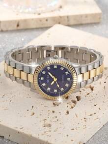 SOKI SOKI 1款女士优雅时尚腕表，圆形表盘镶嵌水钻，合金表带石英表，适合日常佩戴，精美礼品 - 藍色 - 查看 6