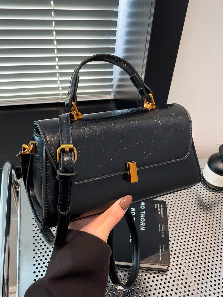 Bolso de hombro cuadrado pequeño de moda vintage para mujer, de piel sintética (PU) en patchwork, para uso diario - Negro - Ver 1