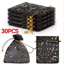 5/30/60/110个装黑色/白色金属箔薄纱袋，带麻绳系带，星座主题宰牲节月亮星星图案布艺礼品袋，适用于派对回礼、珠宝包装和婚礼礼物 - 彩色 - 查看 12