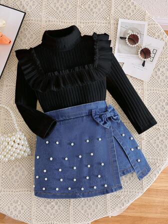2pcs/Set Girls Casual Long Sleeve Top + Beaded Denim Skort