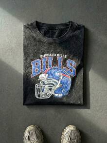 Buffalo Football Helmet Graphic Tee Acid Washed Shirt Unisex Couple Matching Boyfriend Style New York City Sports Fan Gear Royal Blue Red Print Retro Game Day Aesthetic Distressed Cotton Graphic Tees Men Oversized T Shirt Summer Clothes Men Fall Clothes Men Winter Clothes Camisetas Para Hombre - màu đen - Xem 2