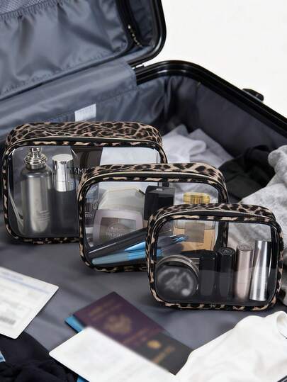 3pcs/1pc Leopard Print Transparent Makeup Bag, Durable PVC Material, Large Capacity Travel Toiletry Bag, Waterproof Travel Cosmetic Bag, Convenient Storage Bag, Travel Makeup Bag, Travel Toiletry Bag, Essential Storage Bag, Gift Storage Bag, Zipper Accessories, Manicure Travel Essential Bag, School, Vacation, Back To School Supplies, Toiletry Bag, Waterproof Toiletry Bag