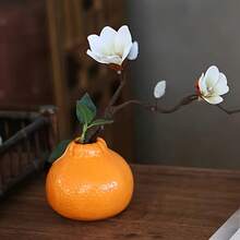 1个橙色柑橘造型花瓶/容器，水培装饰花盆，带绿叶和白色花朵，耐用塑料材质，室内装饰，桌面摆件，手工制作，办公礼品，创意配件（空花瓶，不含植物）
