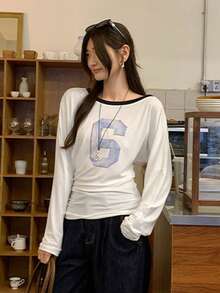 Printed Oblique Shoulder Long Sleeve T-Shirt For Women, Loose Fit & Slimming, Autumn/Winter - White - View 1