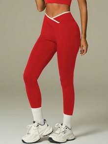 UONNOU Bộ đồ tập thể dục phối màu tương phản Y2K | Quần legging nâng mông và áo ngực thể thao - Đỏ - Xem 6