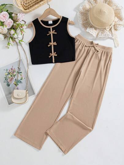 2pcs Girls Casual Outgoing Fashion Contrast Color Round Neck 3D Bow Decor Sleeveless Top And Fake Drawstring Long Pants Set, Summer