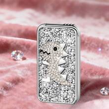 Cute Innovative Lighter, Dual Flame Windproof Lighter, Metal Embossed Rhinestone Butane Torch Lighter, Refillable Adjustable Flame - Khủng long trắng (Không có khí) - Xem 2
