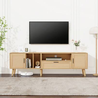 Spacious 180cm TV Unit With Rattan Decor, 2 Doors And A Drawer, Solid Wood Legs, Compatible With An 80-Inch TV.