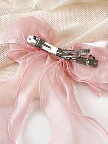 1pc Sweet Pink Princess Mesh Bow With Long Wavy Ribbon Spring Elegant And Gentle Half-Up Hair Clip Hair Accessory Pink Accessories Hair Accessories For Women, School Stuff, College, Pink Hair Clips, Bows, Cute - 粉色 - 查看 3