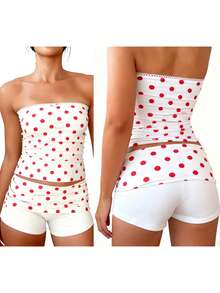 Women Polka Dot 2 Piece Outfits Summer Vacation Matching Set Strapless Tube Top And Baggy Shorts Lounge Set - 紅色 - 查看 8