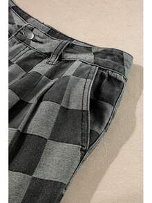 Checkered Zipper Pocketed High Waist Wide Leg Jeans - Màu xám đen - Xem 7