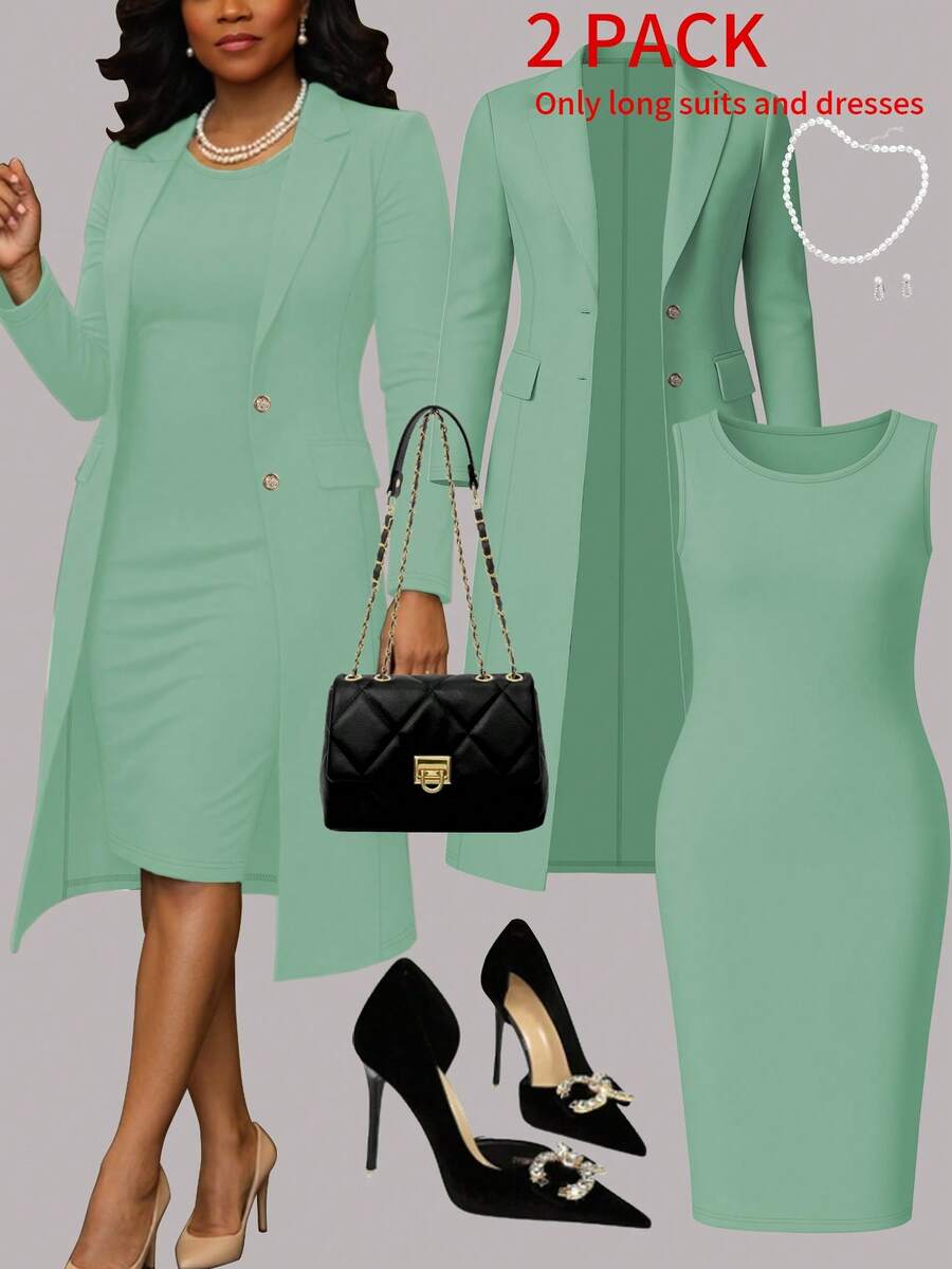 Setelan 2 Potong Elegan untuk Wanita, Jaket Kardigan Lengan Panjang Warna Polos + Gaun Midi Tanpa Lengan, Cocok untuk Musim Semi, Musim Gugur, dan Musim Dingin - Hijau muda 6 - View 1