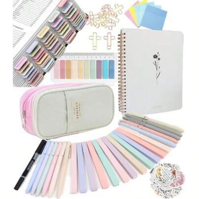 Bible Study Supplies Journaling Kit With Tabs Highlighter Notebook And Pen Case - Annotation Kit Study Group Essentials Accessories Set For Women Students Beginner Christian Gifts