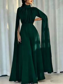 Mono sin mangas con volantes en el bajo, unicolor, sin cremallera, adecuado para boda, fiesta, vacaciones, noche formal, invitado de boda en primavera - Verde Oscuro - Ver 3