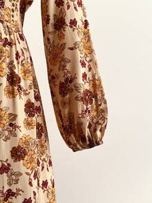 Rusttydustty 女士复古印花V领荷叶边灯笼袖连衣裙 - 桔紅色 - 查看 7