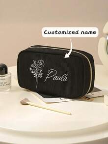 Customizable Makeup Bag/Storage Bag, Minimalist Rectangular Corduroy Makeup Bag With Floral Pattern, Can Customize Name, Storage Pouch, Zipper Travel Cosmetic Organizer Bag, Portable Handbag, Large Capacity Women's Travel Makeup Bag, 5 Color Options, Gift For Women, Girlfriend, Best Friend