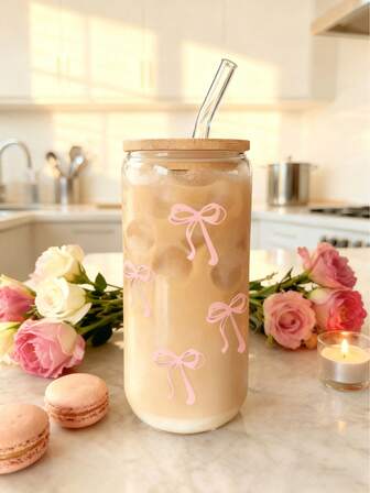 1 pieza Taza de café transparente con diseño de lazo, incluye una pajita, gran capacidad para viajes al aire portátil para bebidas/jugo, adecuada para verano e invierno, regalo para fiesta de cumpleaños/festividad, botella de agua de vidrio, taza de café única, taza de té estética para café con hielo y bebidas, taza elegante para café o té, gran idea de regalo para amantes de las bebidas