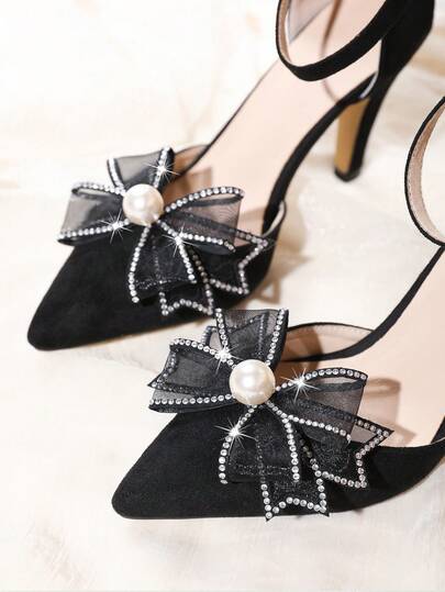 1对网状水钻珍珠蝴蝶结鞋夹，可拆卸优雅奢华鞋饰，适合婚礼、派对及各种场合