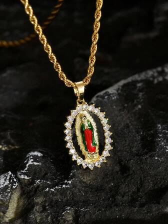 1 adet Vintage 18 Ayar Altın Kaplama Paslanmaz Çelik Kolye + Oval İçi Boş Emaye Meryem Ana Kolye Ucu, Zirkon Taşlı Meryem Ana Kolye Ucu ile Lüks Altın Kaplama Paslanmaz Çelik Kolye, Unisex, Tatil Hediyesi Olarak Uygun Takı