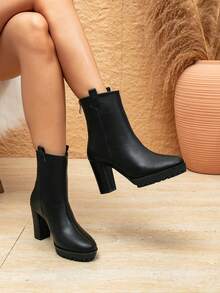 Women's Fashion Round Toe Chunky Heel Boots, European Style Round Toe High Heel Boots, Women's High Heel Boots, Winter Boots, High Heel Slim Heel Slip-On Women's Elegant Black Round Toe Slim Heel High Heel Shoes For Party, Holiday, Wedding, Women's Nude Ankle Boots, Versatile, Wedding, Black Ankle Boots - Black - View 6